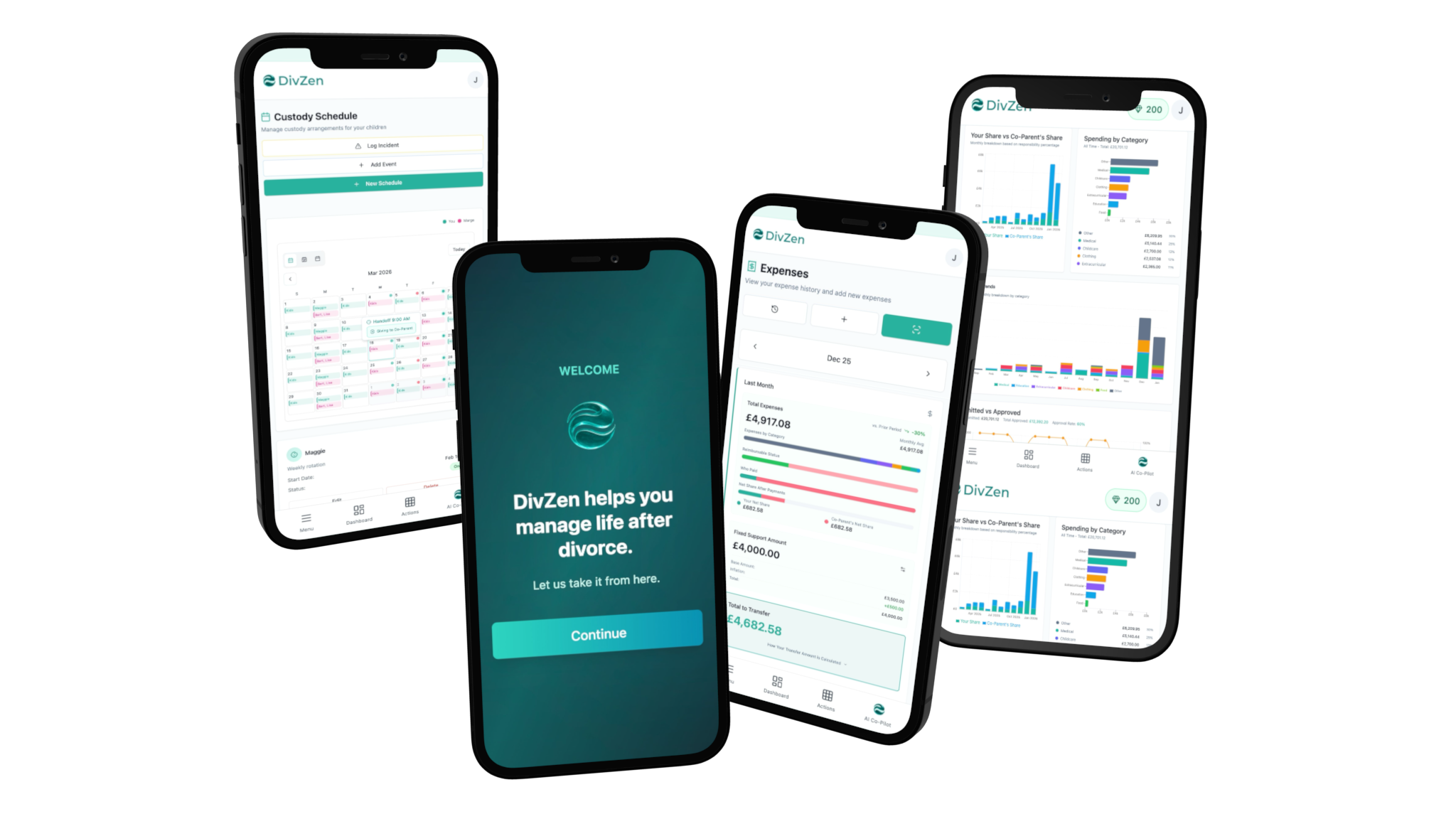 DivZen mobile app screens showing welcome page, dashboard, and expense tracking features