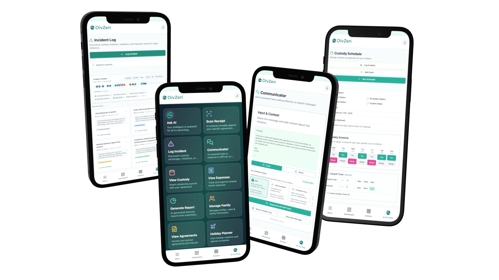 DivZen mobile app screens showing welcome page, dashboard, and expense tracking features