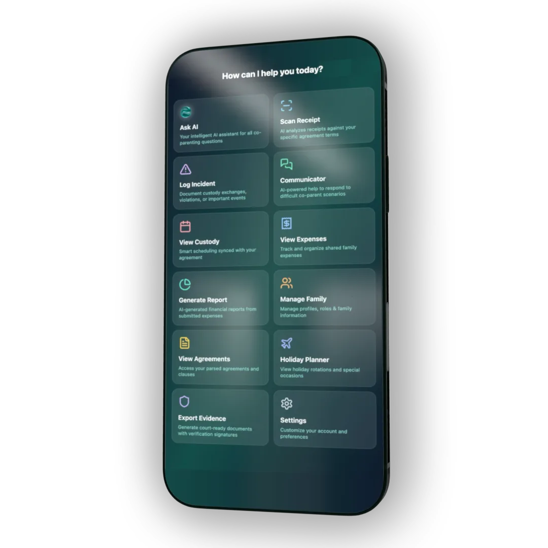 DivZen app home screen: Ask AI, scan receipts, log incidents, custody, expenses and court-ready exports